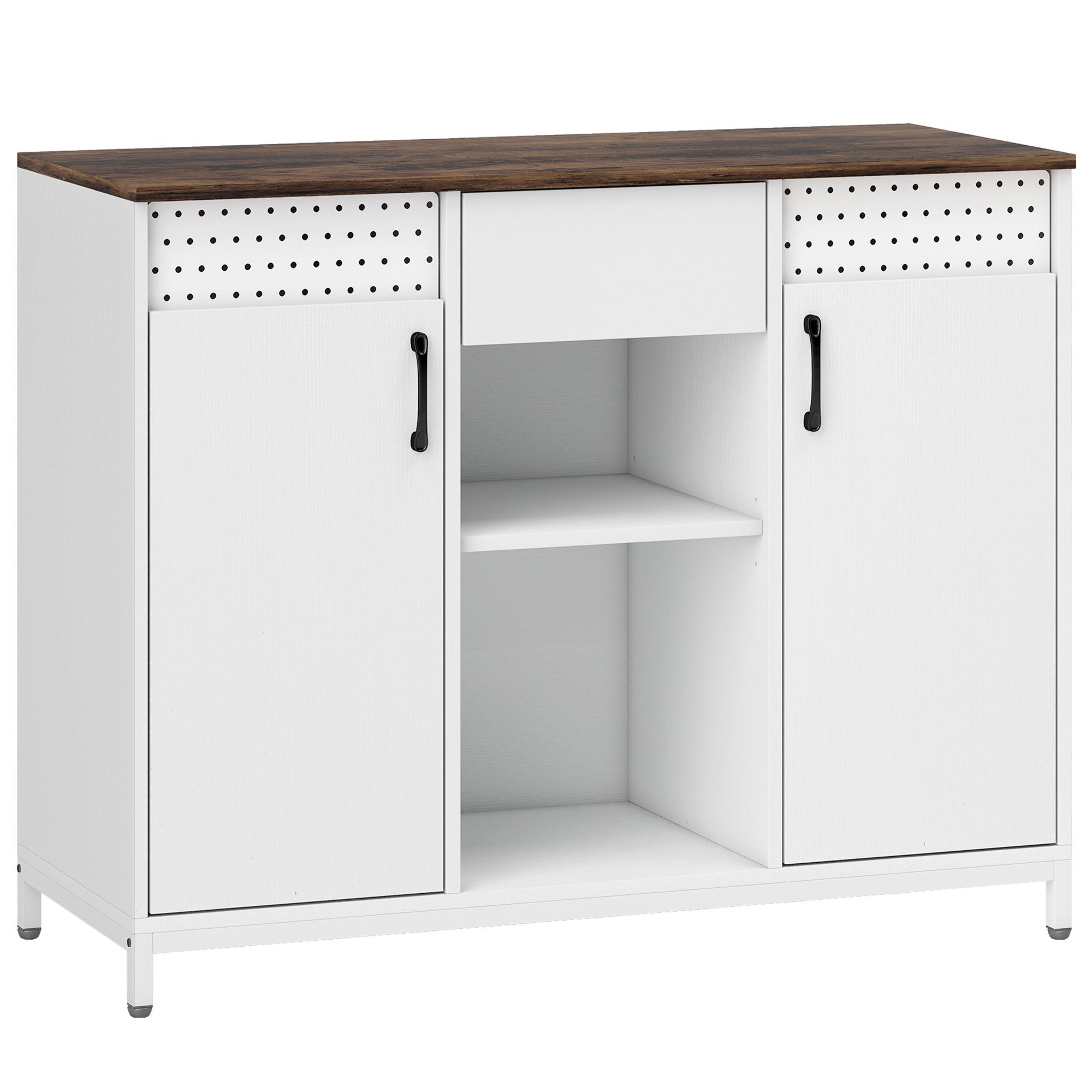 Aparador de 2 Portas com Orifícios 2 Compartimentos e Gaveta Prateleiras Ajustáveis 100x40x80 cm Branco e Castanho Rústico