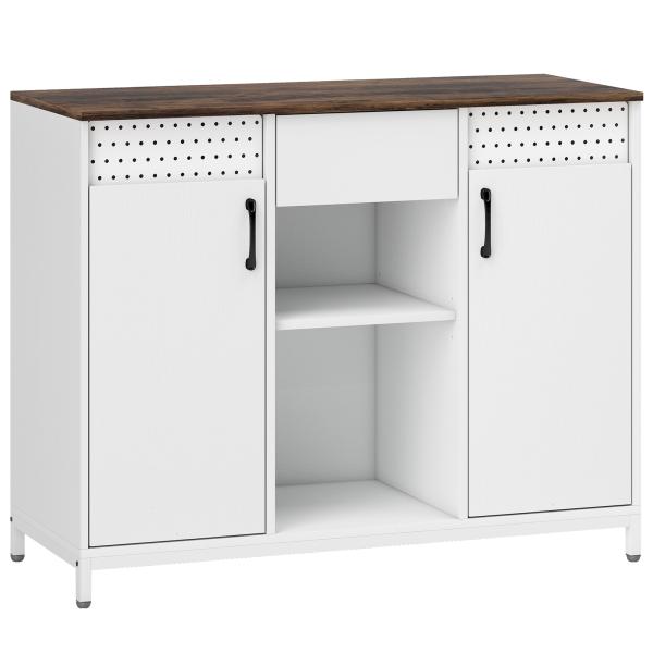 Aparador de 2 Portas com Orifícios 2 Compartimentos e Gaveta Prateleiras Ajustáveis 100x40x80 cm Branco e Castanho Rústico