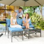 Conjunto de Jardim Exterior de Vime com Sofá de 2 Lugares, Chaise Longue e Mesa de Centro com Vidro Temperado Azul Claro