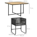 Conjunto de Jardim de Vime Sintético 5 Peças com Mesa Quadrada e 4 Cadeiras Almofadas Preto e Madeira