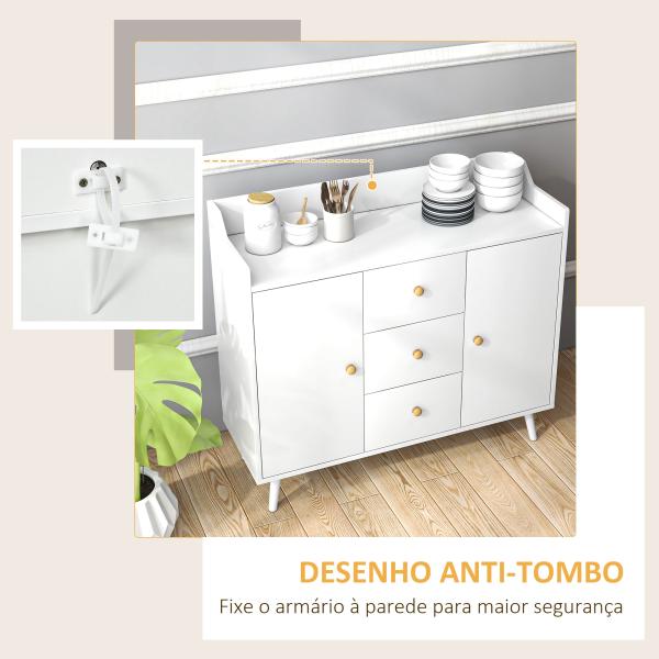 Aparador Sala de Estar Moderno com 2 Portas 3 Gavetas e Pés de Madeira de Pinho 90x32x80 cm Branco