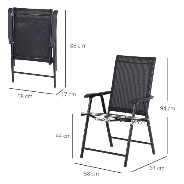 Conjunto de 2 cadeiras dobráveis para exterior com apoio de braços Cadeiras para varanda Jardim Terraço 58x64x94 cm Preto Carga 100kg