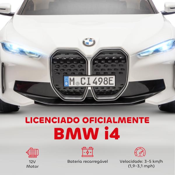 Carro Elétrico para Crianças BMW i4 12V com Controlo Remoto Música MP3 Ecrã Luzes e Cinto de Segurança 115x67x45 cm Branco