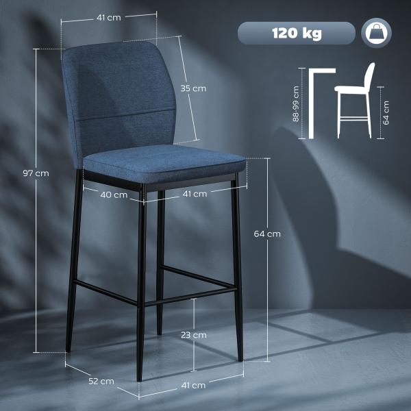 Conjunto de 2 Bancos de Bar Bancos Altos de Cozinha com Encosto e Apoio para os Pés Estofados em Veludo 41x52x97 cm Azul