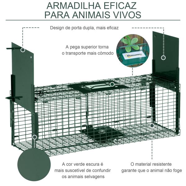 Armadilha para Animais Vivos 60x18x20 cm com 2 Portas, Pega e Estrutura em Aço para Ratos e Roedores - Verde