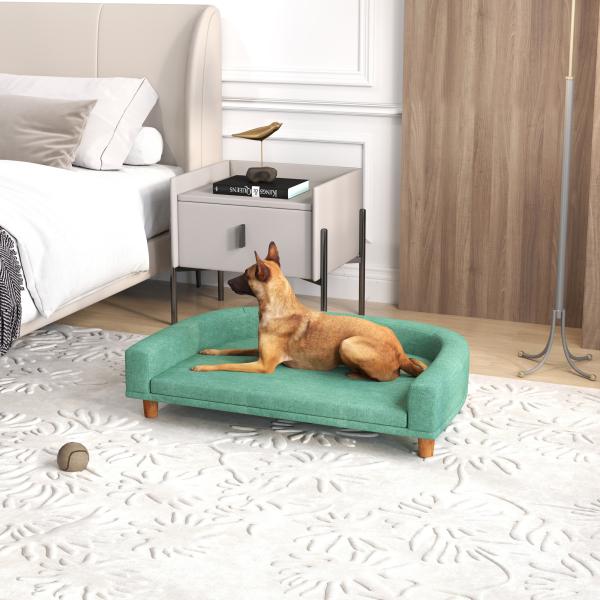 Sofá para Cães Cama Elevada para Cães Estofada com Almofada Lavável e Pés de Madeira de Pinho 98x67x25 cm Verde