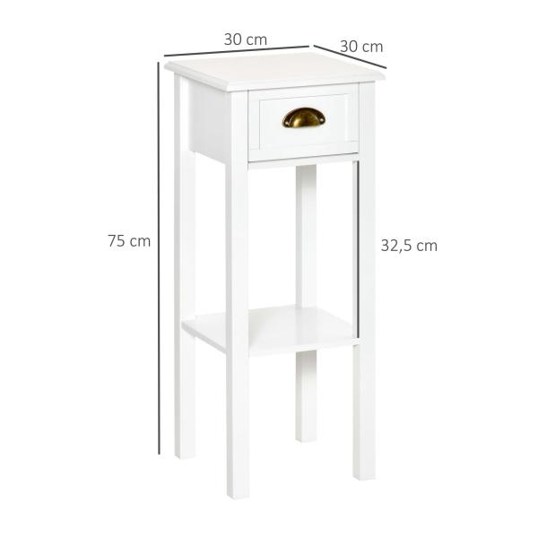Mesa de Apoio com Gaveta e Prateleira de Armazenamento Estilo Moderno 30x30x75cm Branco