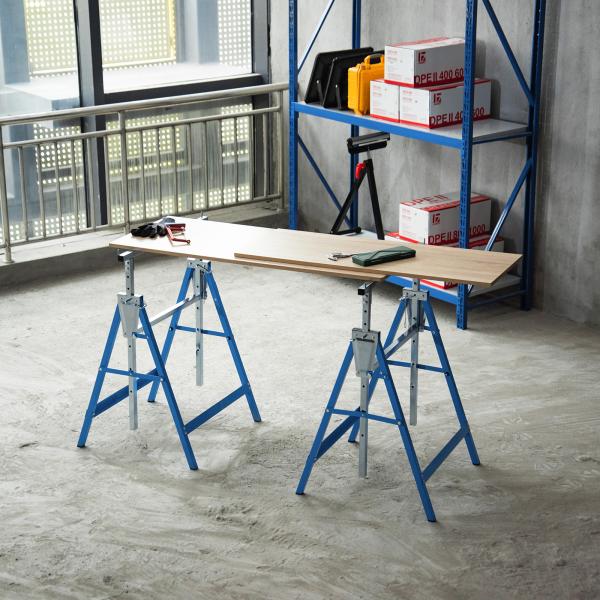 Conjunto de 2 Cavaletes Telescópicos Dobráveis com Altura Ajustável Cavaletes de Serra de Aço para Mesa de Trabalho Carga 200kg 68x58x80 - 130cm Azul e Prata