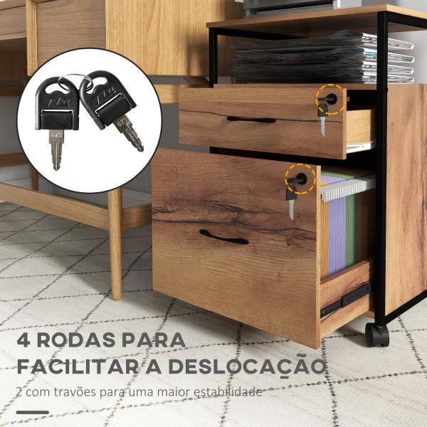 Arquivador com Fechadura Rodas 2 Gavetas Barra Suspensa para Papéis A4 e Carta e 2 Chaves 44x40x66,5 cm Marrom Rústico