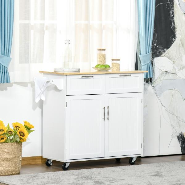 Carrinho de Cozinha com Rodas Móvel Auxiliar de Cozinha com 2 Gavetas 2 Portas Prateleira Ajustável 104x46x91 cm Branco