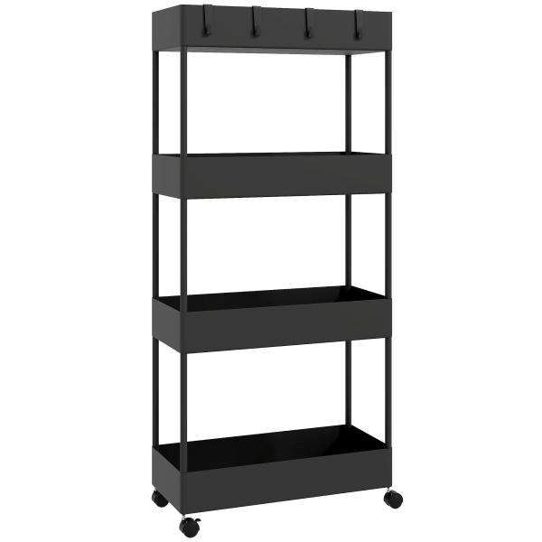 Carrinho Auxiliar com Rodas Carrinho de Armazenamento com 4 Cestas e 4 Ganchos Amovíveis 40x19x90 cm Preto