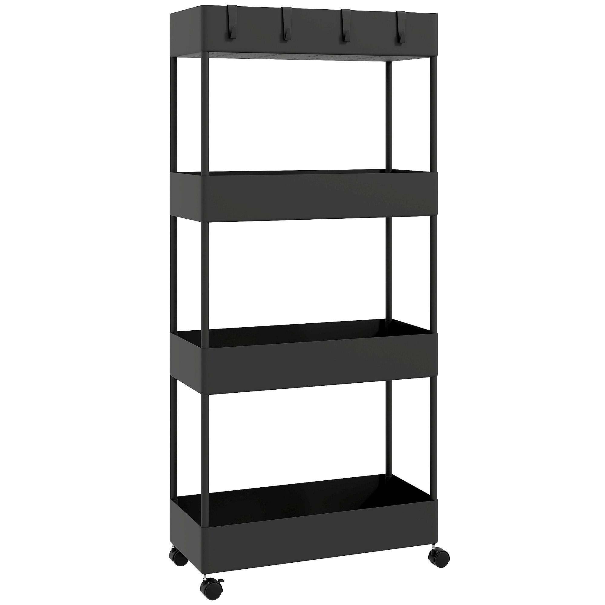 Carrinho Auxiliar com Rodas Carrinho de Armazenamento com 4 Cestas e 4 Ganchos Amovíveis 40x19x90 cm Preto