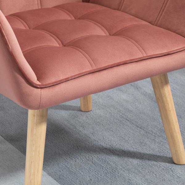 Poltrona Moderna Poltrona de Leitura Estofada em Veludo com Assento Amplo Pés em Madeira 67x61,5x71 cm Rosa