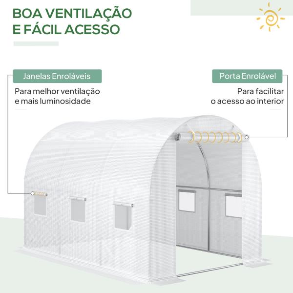 Cobertura de Estufa de Túnel 3x2x2m Cobertura de Substituição de Estufa Polietileno com 6 Janelas e Portas Enroláveis Branco