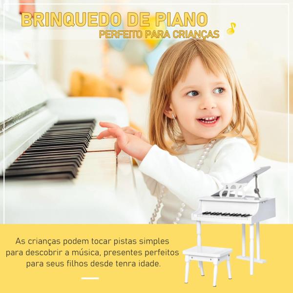 Piano de Cauda Infantil com 30 Teclas Banco Suporte de Partituras Piano para Crianças de MDF Instrumento Musical Educativo 52x50x49cm Branco