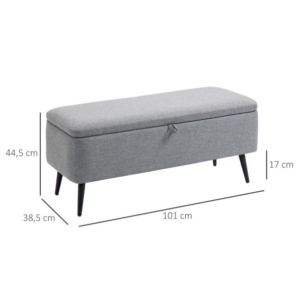 Banco de Armazenamento Estofado em Linho com Tampa Abatível e Pés de Aço Carga Máxima 150kg 101x38,5x44,5 cm Cinza