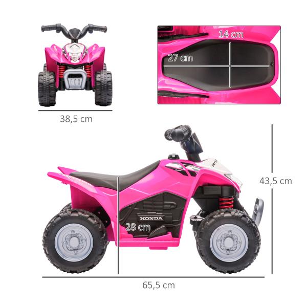 Quadriciclo Elétrico HONDA para Crianças de 18 - 36 Meses Quadriciclo Elétrico Infantil a Bateria 6V com Faróis LED Buzina Velocidade de 2,8km/h e Avance 65,5x35,5x43,5cm Rosa
