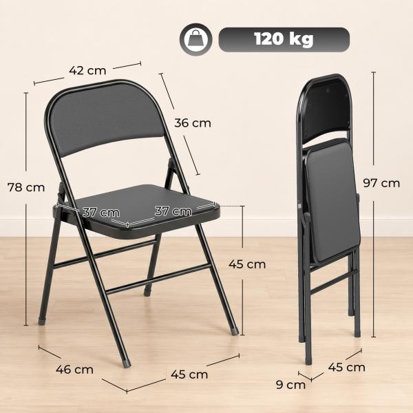 Conjunto de 4 Cadeiras Dobráveis com Encosto e Estrutura de Aço para Sala de Estar escritório Estúdio 45x46x78 cm Preto