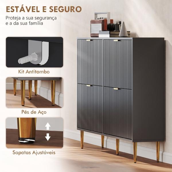 Sapateira Estreita com 4 Portas Caneladas e Estantes Ajustáveis para 20 Pares 105x24x91,5 cm Preto