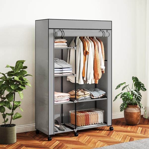 Roupeiro de Tecido Dobrável com 6 Prateleiras 1 Barra de Pendurar e Rodas para Dormitório Vestidor 103x43x162,5 cm Cinza