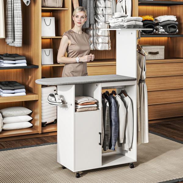 Móvel de Engomar Roupa com Rodas e Suporte Lateral Móvel com Tábua de Passar Barra para Roupa Prateleira 127,5x43,5x153 cm Branco
