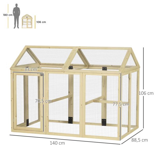 Galinheiro para Exterior 140x88,5x106 cm para 1 - 3 Galinhas com Estrutura de Madeira e 2 Portas com Fechadura Madeira Clara