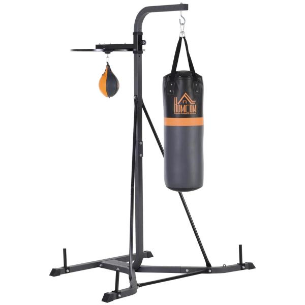 Saco de Boxe Suspenso com Suporte Bola de Velocidade Ajustável em Altura de 167 - 187cm e Inflador para Treinamento Fitness em Casa Ginásio 115×157×221 cm Preto e Cinza