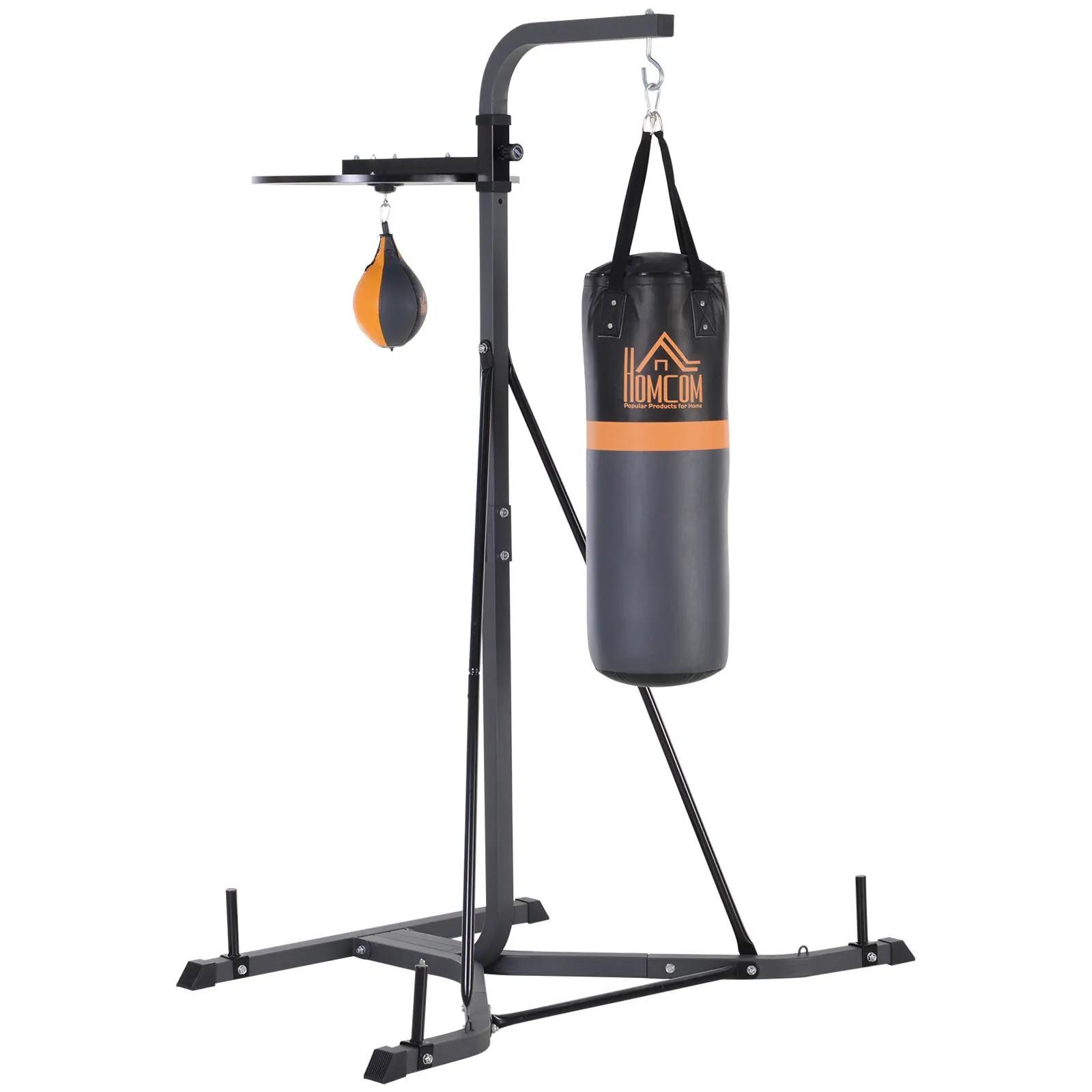 Saco de Boxe Suspenso com Suporte Bola de Velocidade Ajustável em Altura de 167 - 187cm e Inflador para Treinamento Fitness em Casa Ginásio 115×157×221 cm Preto e Cinza