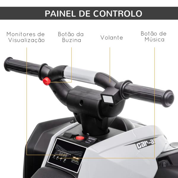 Quadriciclo Elétrico para Crianças de 3 - 5 Anos Veículo Eléctrico a Bateria 12V com 2 Motores 83x53x55,5cm Branco