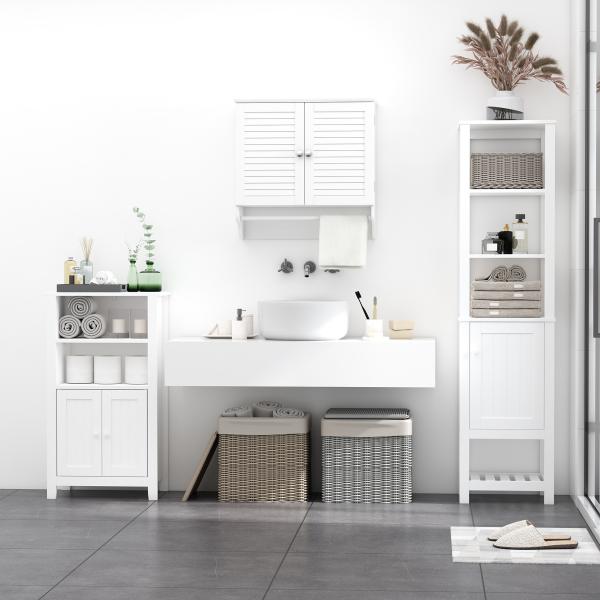Armário Casa de Banho de Parede com 2 Portas de Persiana Prateleira Interior e Barra para Toalhas Móvel Auxiliar Suspenso Moderno Multiuso para Cozinha 60x23x60cm Branco