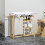 Cesto de Roupa Suja 57,4L com Tábua de Passar Suporte para Ferro 3 Prateleiras e Bolsa Removível 113x34x82 cm Madeira e Cinza