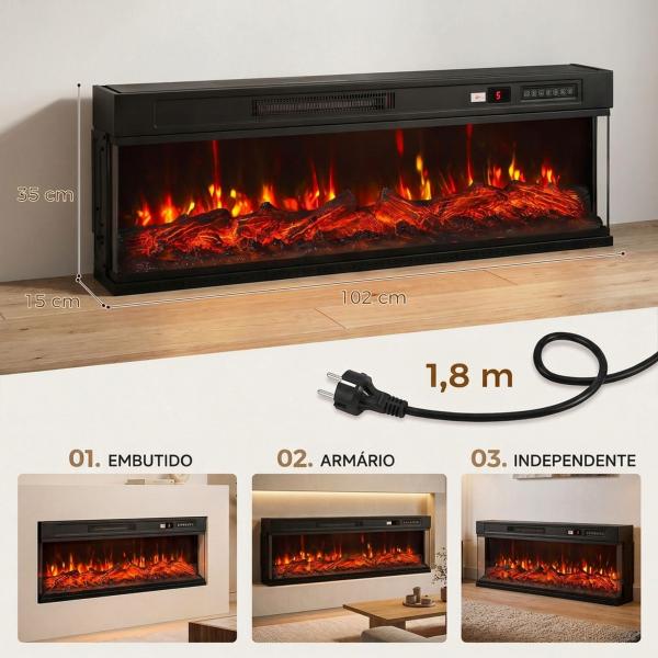 Lareira Elétrica de Encastrar ou Independente 750/1500W, 3 Lados, 12 Cores de Chama 3D, Termóstato, Telecomando, Preta