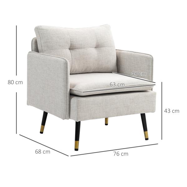 Poltrona Sala de Estar Poltrona Relax com Apoio para os Braços Assento Acolchoado e Pés de Aço 76x68x80 cm Creme