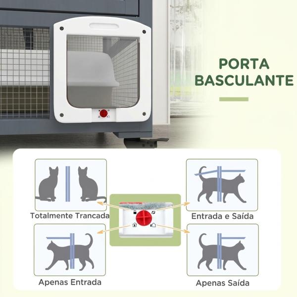 Gaiola Interior para Gatos em Madeira com Rodas, Portas, Plataformas de Salto, Rede e Topo Basculante, 110x100x60 cm, Cinzento