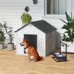 Casa para Cães 84,2x98,2x82 cm Casa para Cães com Janelas e Teto com Imitação de Telhas Casota para Cães Cinza