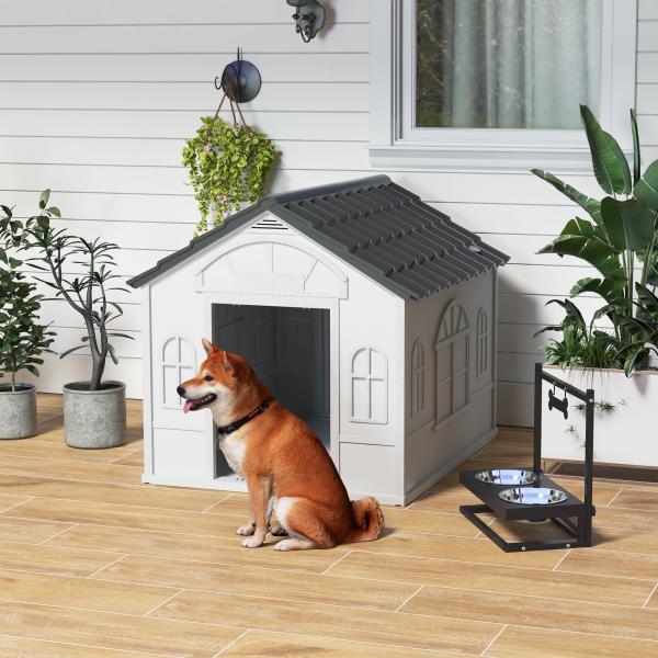 Casa para Cães 84,2x98,2x82 cm Casa para Cães com Janelas e Teto com Imitação de Telhas Casota para Cães Cinza