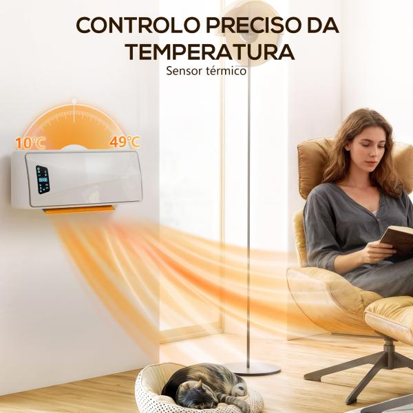 Aquecedor Elétrico de Baixo Consumo de Parede 2000W com 3 Modos Ecrã LED Termostato Temporizador e Oscilação 54x18,7x14,5 cm Branco