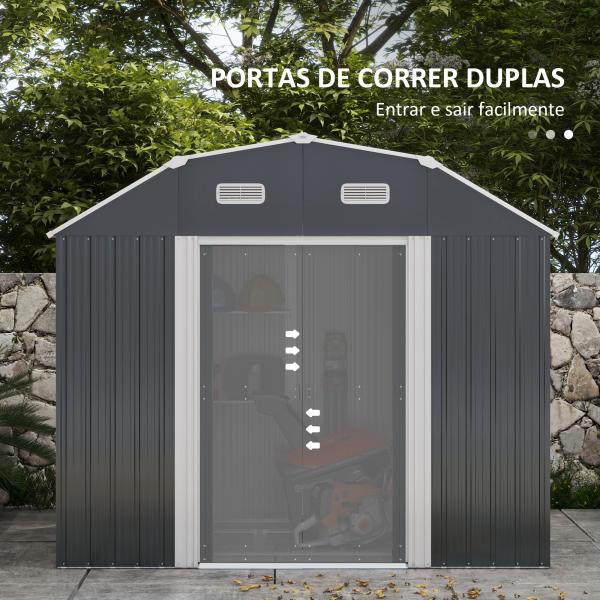 Abrigo de Jardim 2,7 m² 238x132x198,5 cm com Base Prateleiras Ajustáveis 2 Portas e 2 Janelas de Ventilação Cinza Escuro