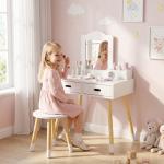 Toucador Infantil de Madeira com Banco Espelho e 2 Gavetas Brinquedo Educativo para Crianças de 3 - 6 Anos 60x40x95cm Branco