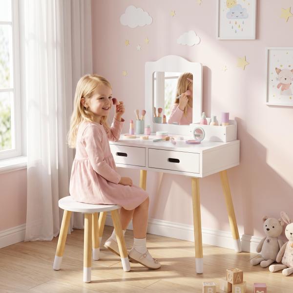 Toucador Infantil de Madeira com Banco Espelho e 2 Gavetas Brinquedo Educativo para Crianças de 3 - 6 Anos 60x40x95cm Branco