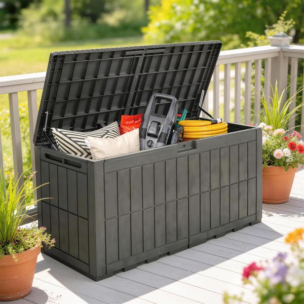 Baú Exterior Capacidade 440L em Resina Resistente à Água e aos Raios UV com Tampa Bloqueável 133x62x65 cm Castanho