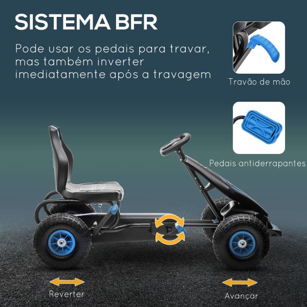 Kart a Pedais para Crianças 5 - 12 Anos com Assento Ajustável Pneus Insufláveis Amortecimento e Travão de Mão 121x58x61cm Azul