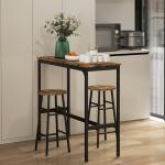 Conjunto de Mesa Alta de Cozinha com 2 Bancos Estrutura em Aço Estilo Industrial para Sala de Jantar Castanho Rústico