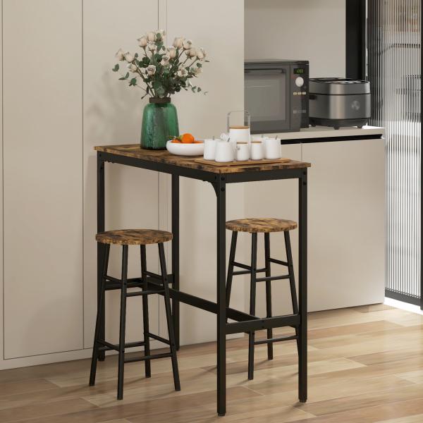 Conjunto de Mesa Alta de Cozinha com 2 Bancos Estrutura em Aço Estilo Industrial para Sala de Jantar Castanho Rústico