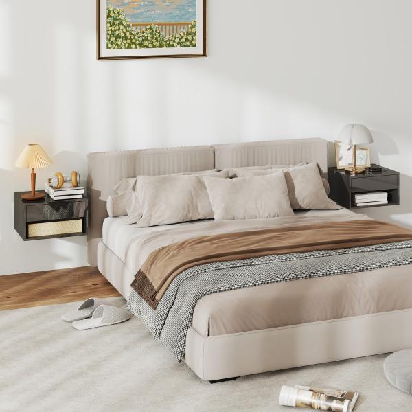 Conjunto de 2 Mesas de Cabeceira Suspensas com Gaveta Prateleira Aberta para Quarto 37x32x21 cm Preto Brilhante