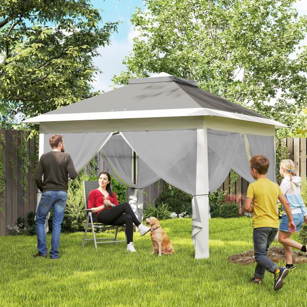 Tenda Dobrável 3,3x3,3 m Pop - up Altura Ajustável Teto Duplo Mosquiteiras Removíveis e Bolsa de Transporte Anti - UV Cinzento