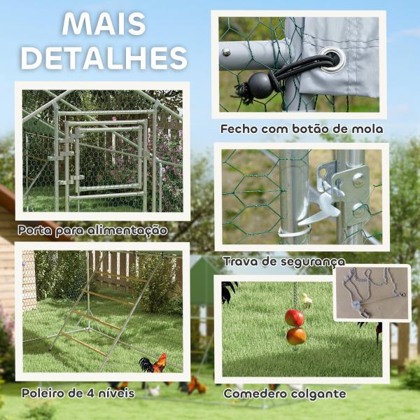 Galinheiro para Exterior 3x4 m Galinheiro de Aço Galvanizado com Comedouro Suspenso Tipo Espeto Poleiro Anti - UV Prata