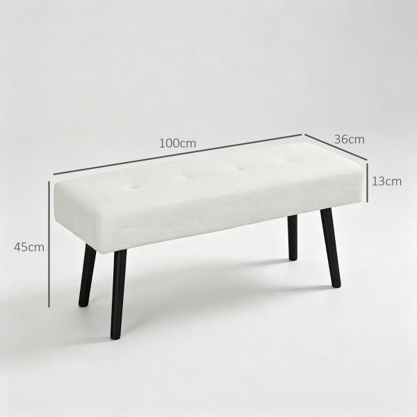 Banco de Pé de Cama em Bombazina com Assento Acolchoado, Design Capitoné e Pernas de Aço para Quarto Branco Creme