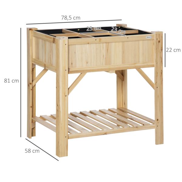 Horta Urbana de Madeira Mesa de Cultivo com 6 Compartimentos e Prateleira Inferior para Plantas e Flores em Jardim Terraço Exterior Capacidade 80 kg 78,5x58x81 cm Cor Natural