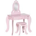 Toucador Infantil com Banco e Espelho Estilo Princesa Mesa de Maquilhagem Infantil com Gaveta 60x36x88cm Rosa
